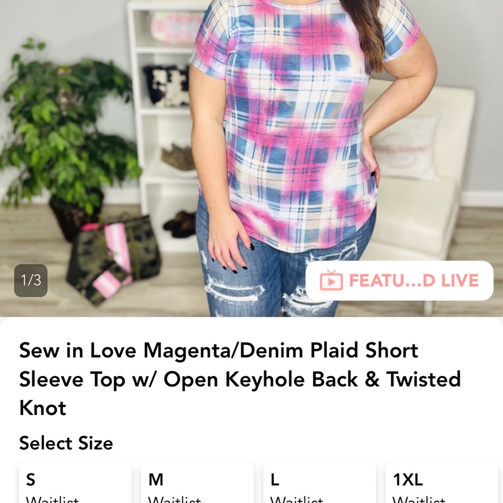 Sew In Love Magenta/Denim Plaid Short Sleeve Top with Open Keyhole Back and Twis